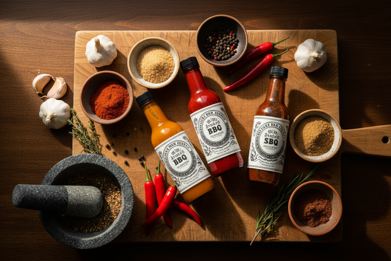 raw seasoning and bbq and hot sause