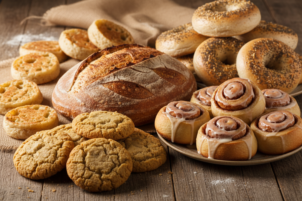 sough dough cookies, bread, cinnamon  rolls,english muffins and bagels