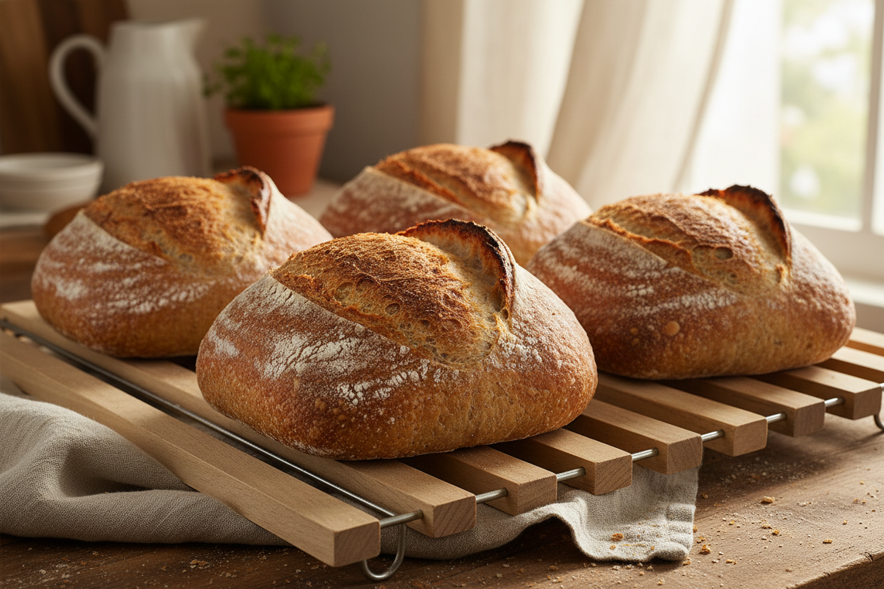 sourdough loafs of bread on a wooden cooling rack